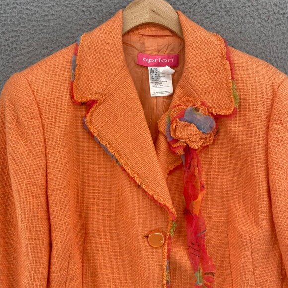 Apriori Blazer Womens 42 Orange Tweed Frayed Ribbon Button Up Office Career Work - Picture 2 of 10